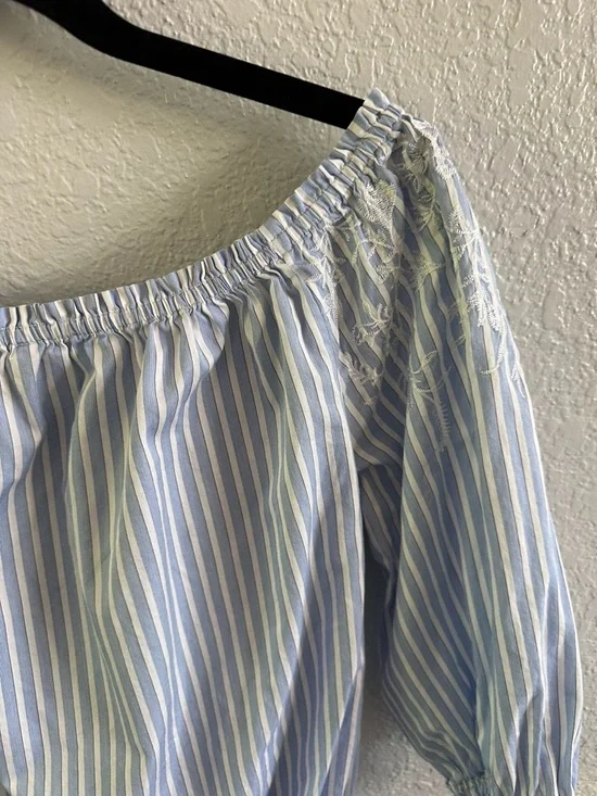 White House Black Market Off Shoulder Embroidered Blouse Blue Stripe Cotton L - Picture 11 of 14